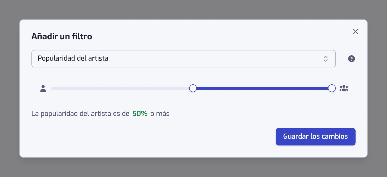 El diálogo del filtro Popularidad del artista con su control deslizante de dos tiradores puesto en 50 y 100