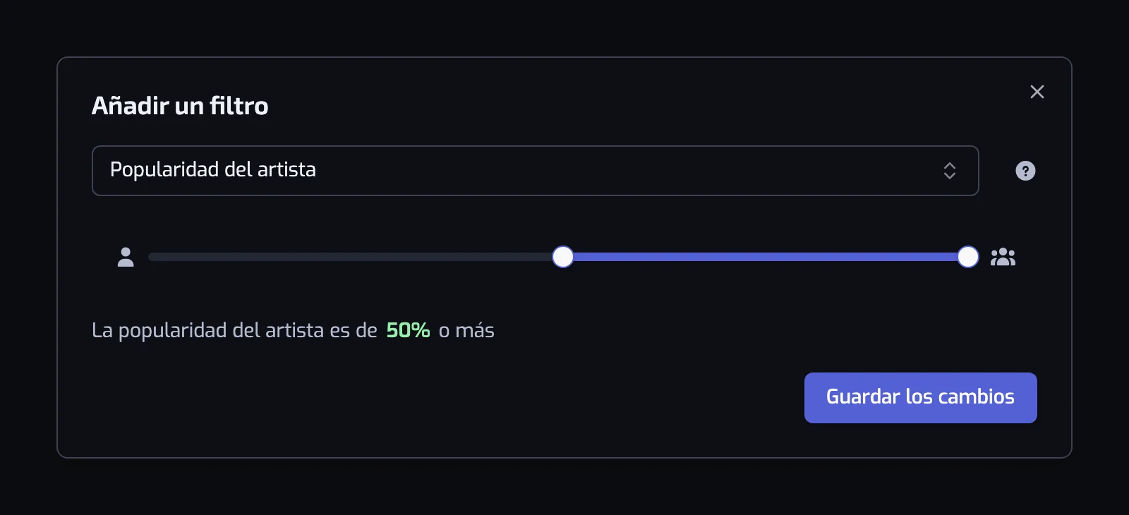 El diálogo del filtro Popularidad del artista con su control deslizante de dos tiradores puesto en 50 y 100