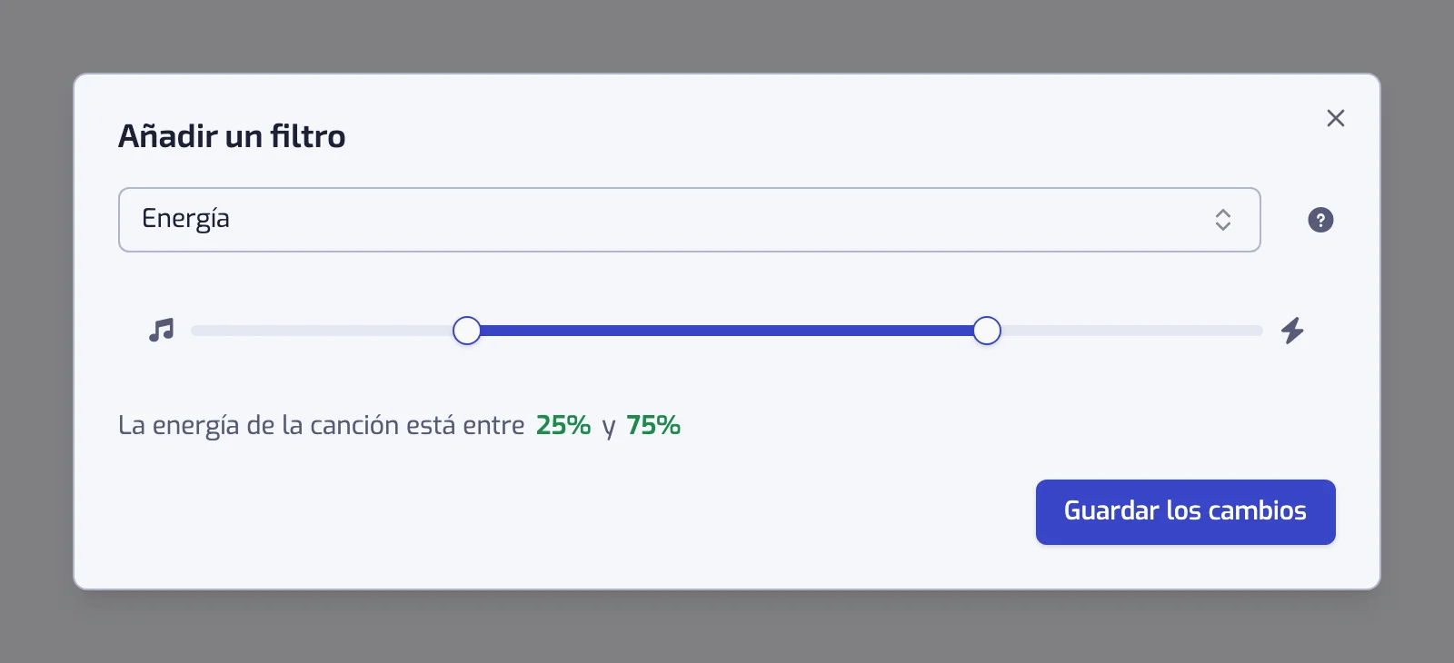 El diálogo del filtro Energía con su control deslizante de dos tiradores y la frase que produce