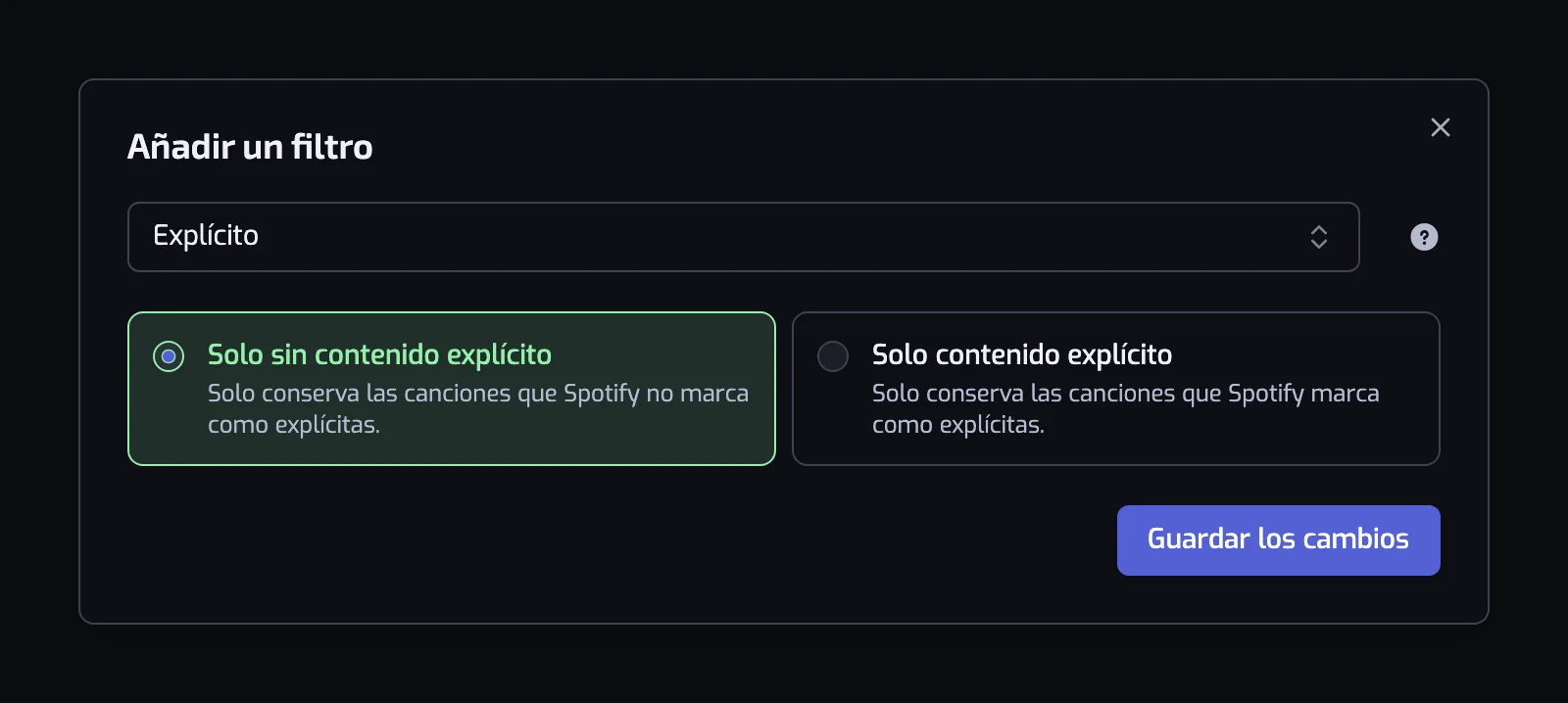 El diálogo del filtro Explícito con las tarjetas Solo sin contenido explícito y Solo contenido explícito