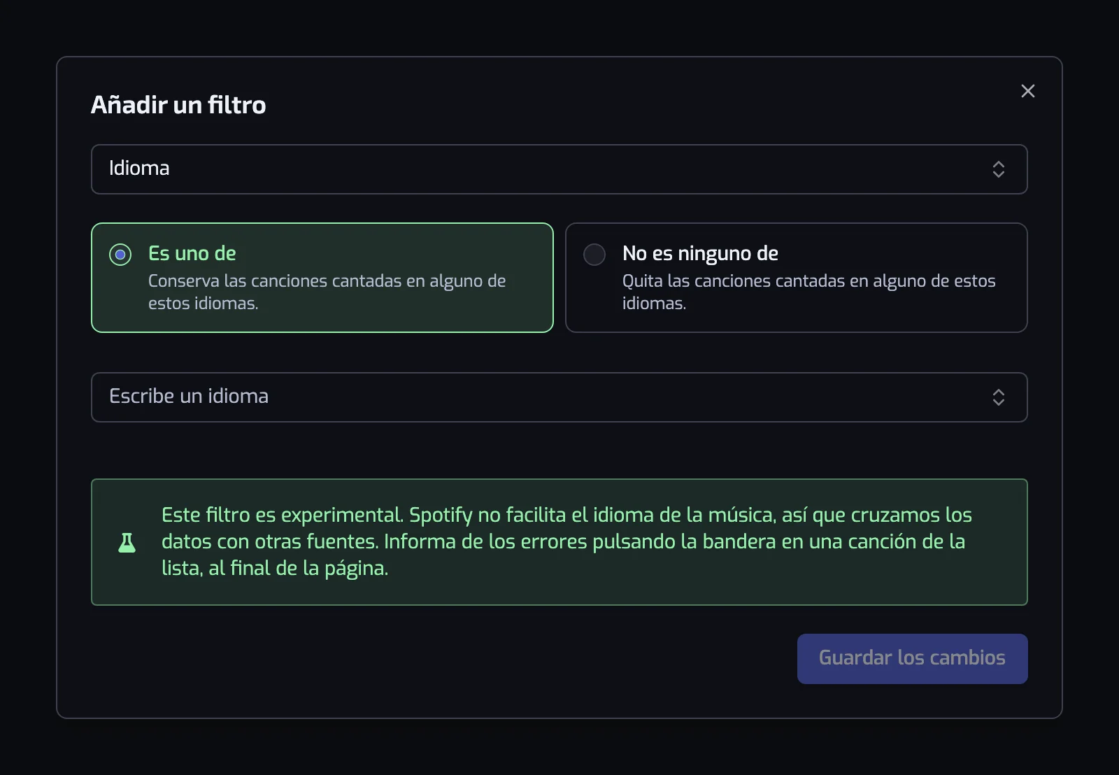 El diálogo del filtro Idioma con las dos tarjetas de operador, el selector de idiomas y el aviso experimental