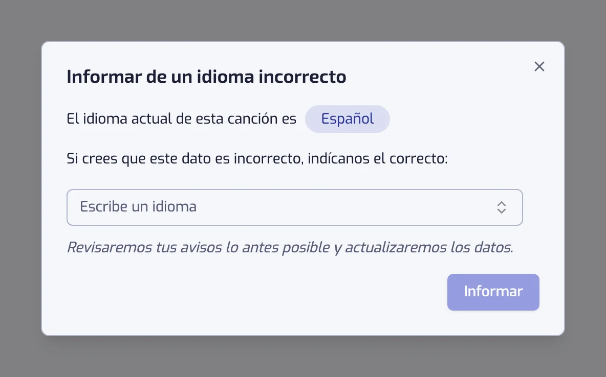 El diálogo Informar de un idioma incorrecto, con el idioma actual y un selector para el correcto