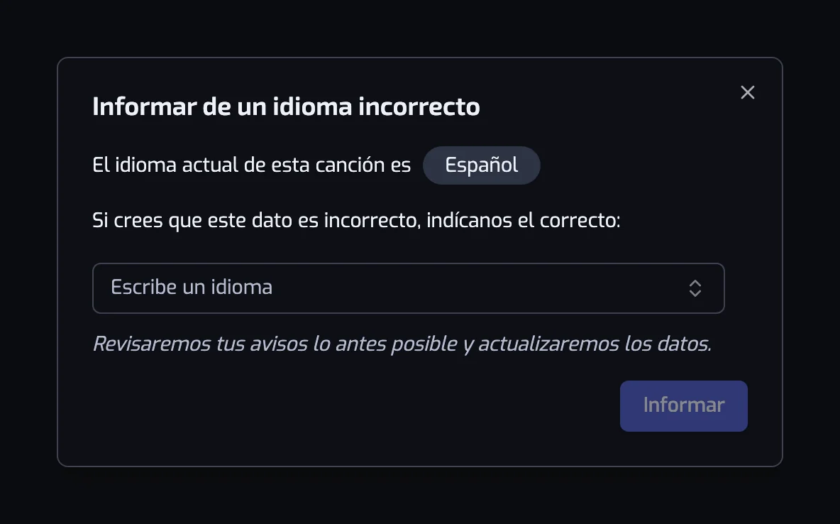 El diálogo Informar de un idioma incorrecto, con el idioma actual y un selector para el correcto