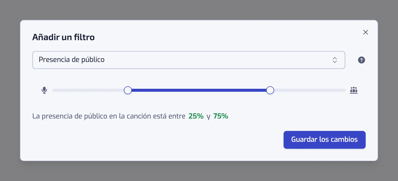 El diálogo del filtro Presencia de público con su control deslizante de dos tiradores