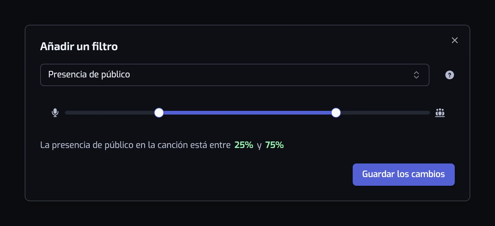 El diálogo del filtro Presencia de público con su control deslizante de dos tiradores