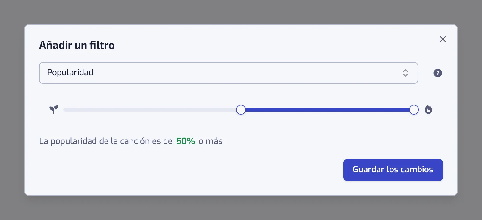 El diálogo del filtro Popularidad con su control deslizante de dos tiradores y la frase debajo