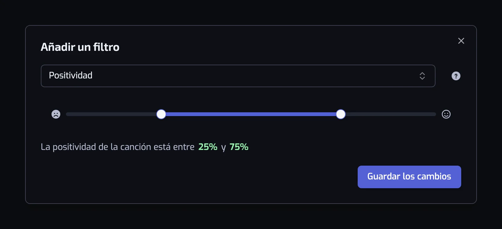 El diálogo del filtro Positividad con su control deslizante de dos tiradores