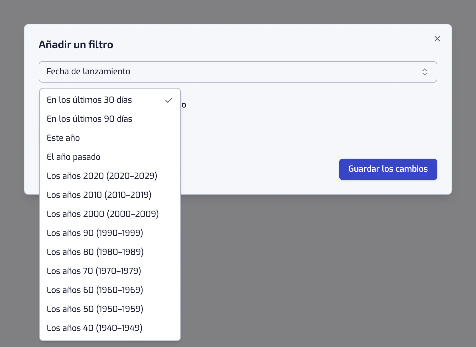 El diálogo del filtro Fecha de lanzamiento con la lista de Preajustes abierta en las décadas