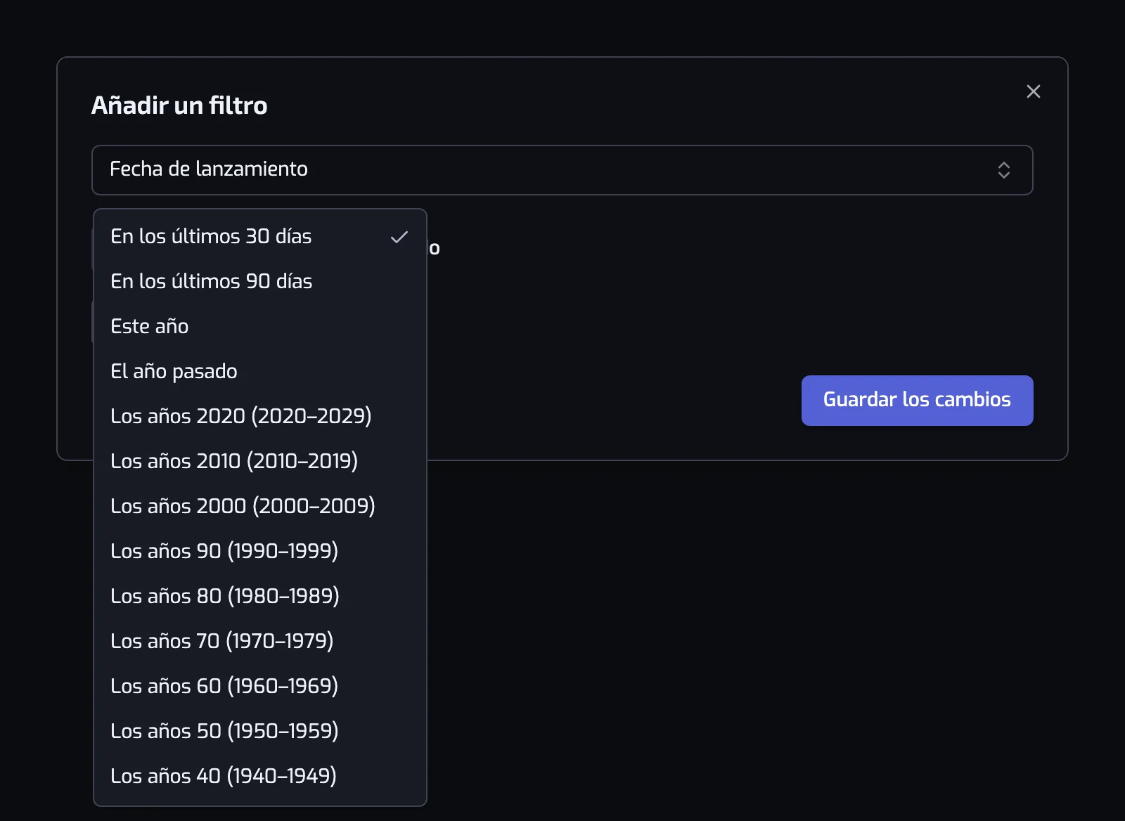 El diálogo del filtro Fecha de lanzamiento con la lista de Preajustes abierta en las décadas