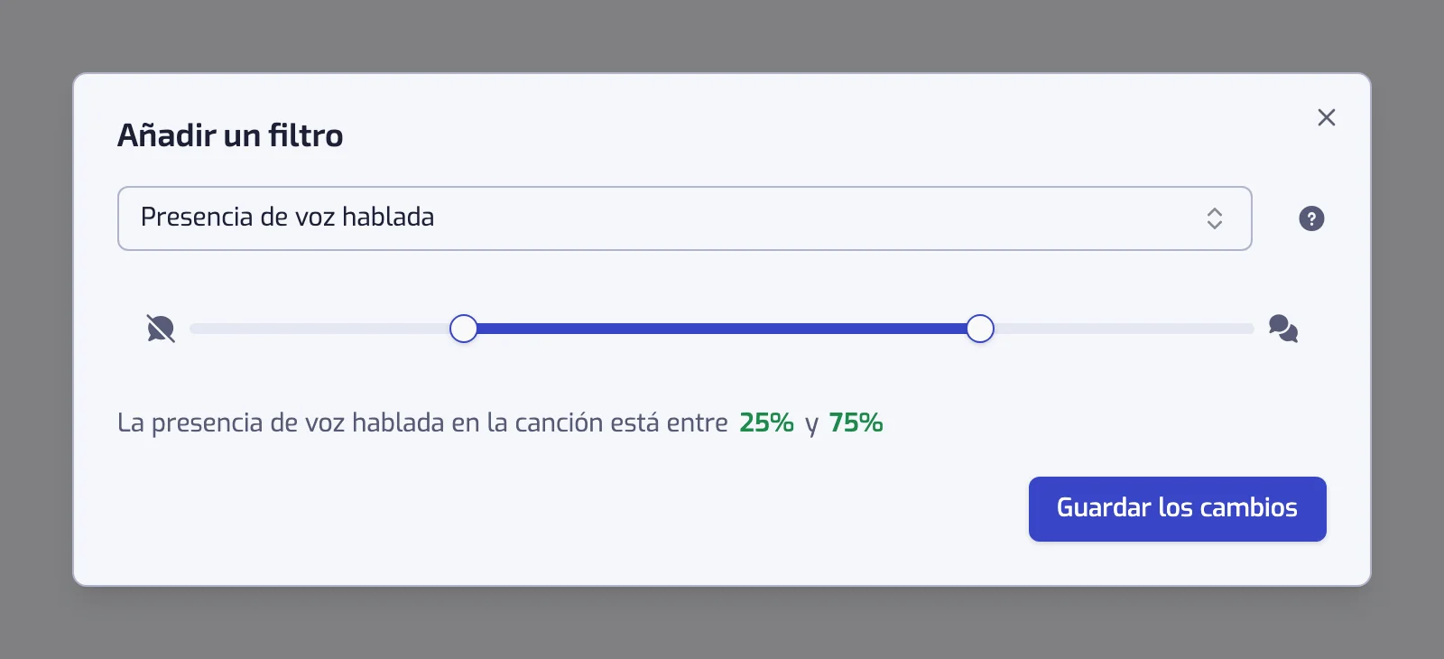 El diálogo del filtro Presencia de voz hablada con su control deslizante de dos tiradores