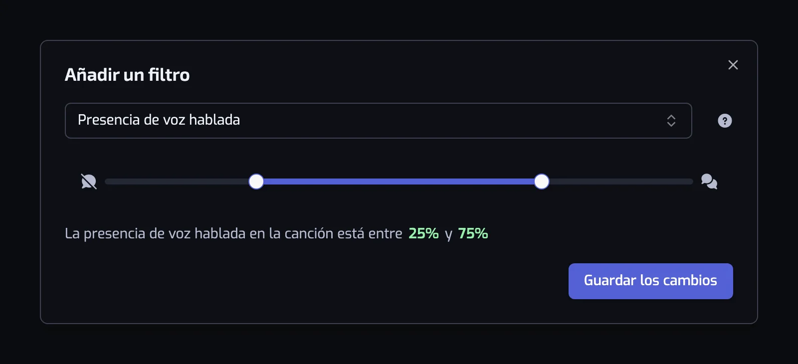 El diálogo del filtro Presencia de voz hablada con su control deslizante de dos tiradores