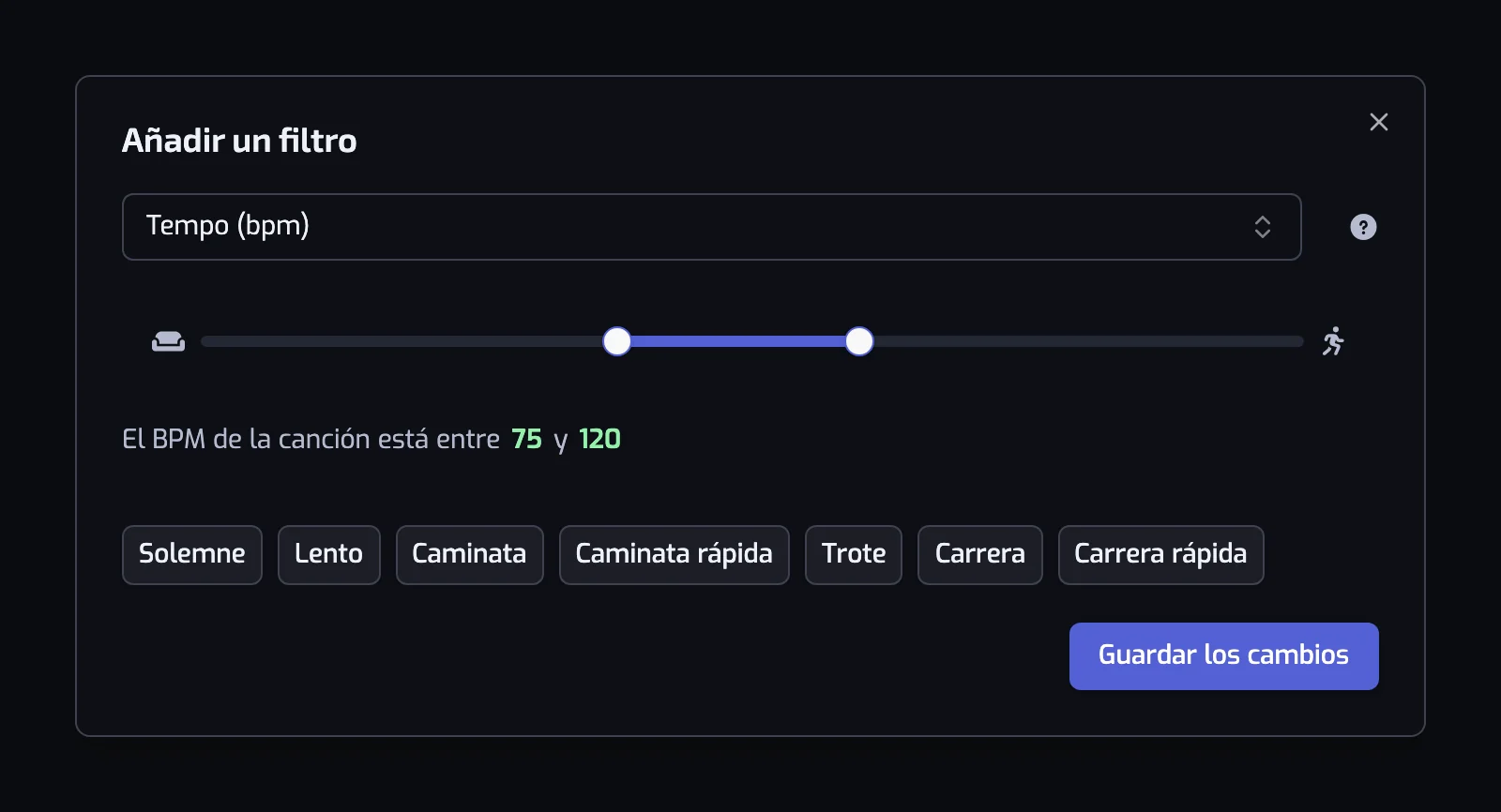 El diálogo del filtro Tempo con su control deslizante y los siete botones preajustados de Solemne a Carrera rápida