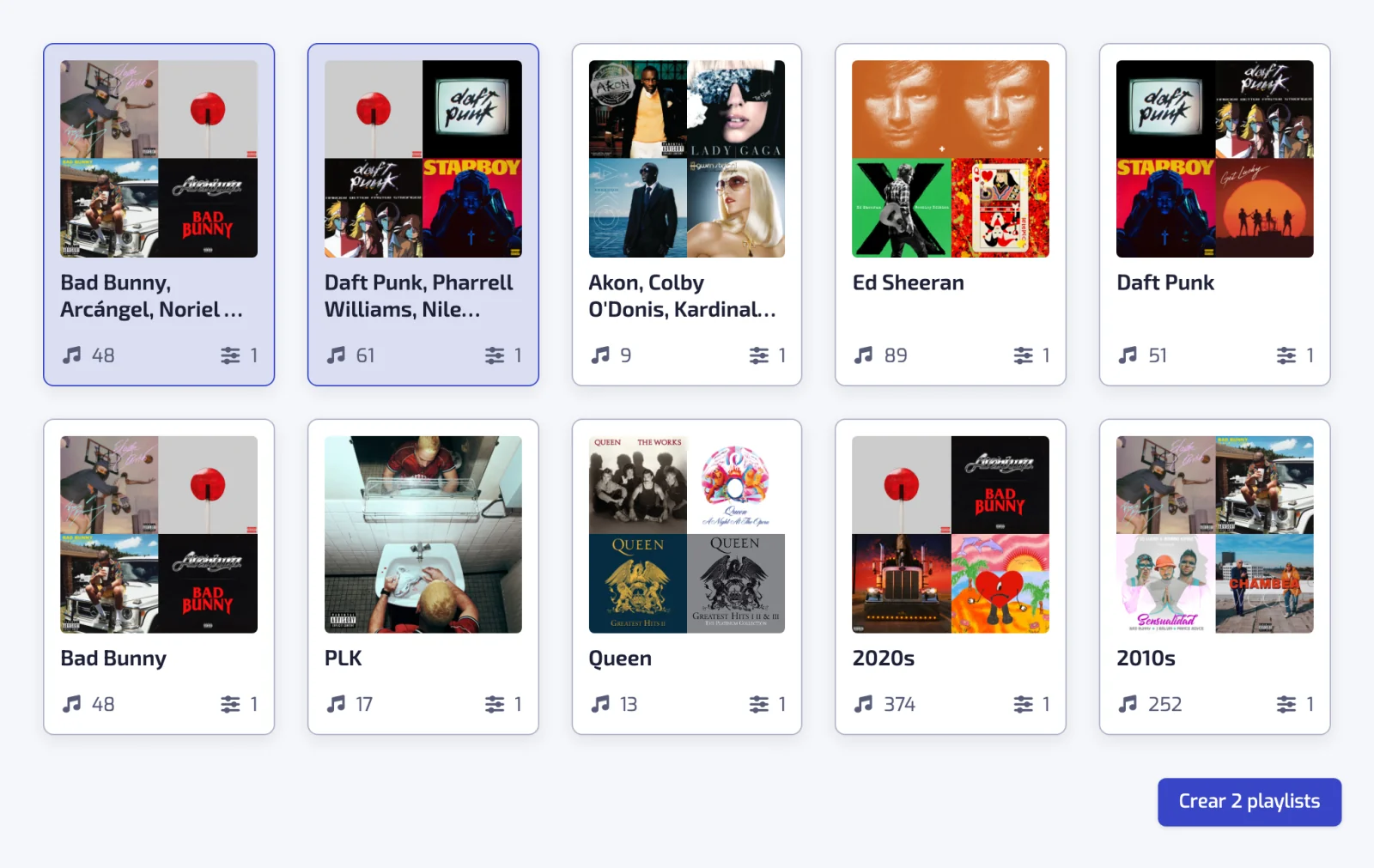 La página Descubrir con varias playlists sugeridas, dos de ellas seleccionadas
