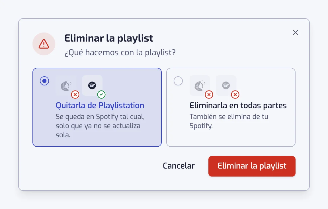 El diálogo Eliminar la playlist con las dos opciones, Quitarla de Playlistation y Eliminarla en todas partes