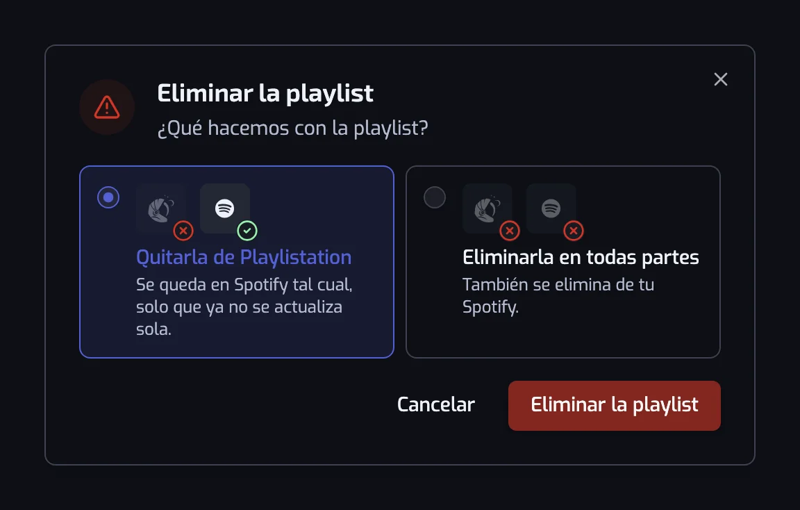 El diálogo Eliminar la playlist con las dos opciones, Quitarla de Playlistation y Eliminarla en todas partes