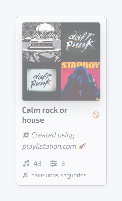 Una tarjeta de playlist atenuada en la cuadrícula con el icono naranja de no se actualiza junto al nombre