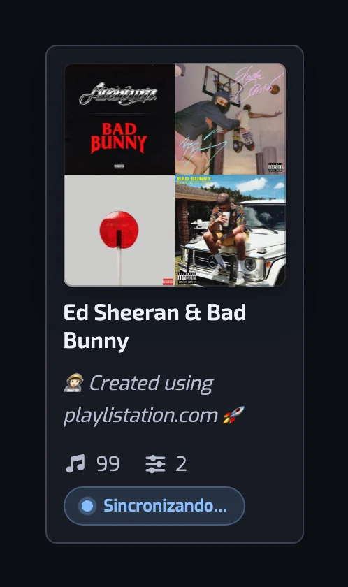 Una tarjeta de playlist con la píldora de estado Sincronizando junto a su recuento de canciones
