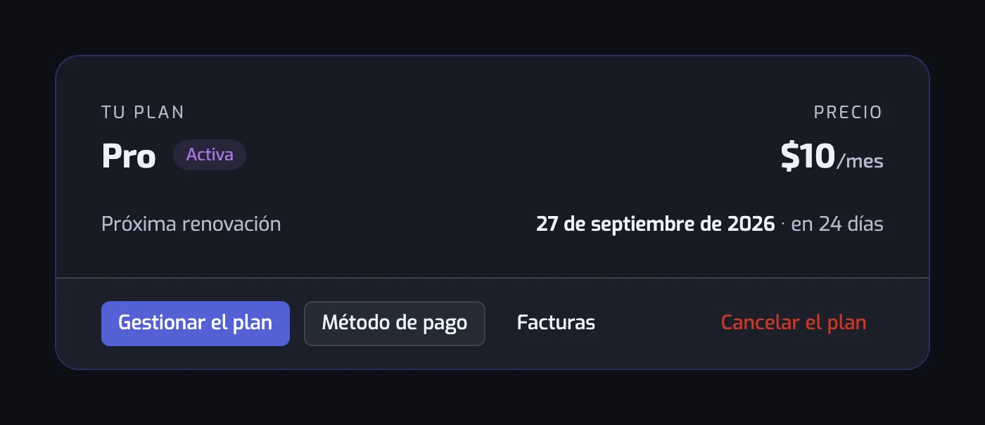 La tarjeta del plan actual con el plan, su precio, la fecha de la próxima renovación y los botones Gestionar el plan, Método de pago, Facturas y Cancelar el plan