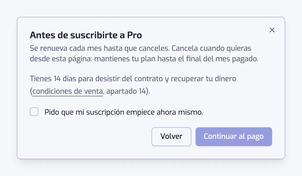 El diálogo Antes de suscribirte a Pro con la renovación, el derecho de desistimiento de 14 días, la casilla de inicio inmediato y el botón Continuar al pago