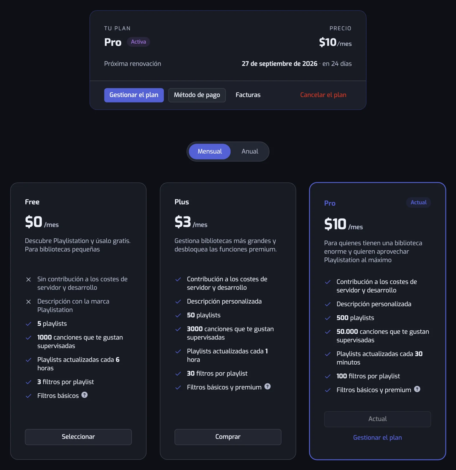 La página Suscripción con el conmutador Mensual y Anual y las tarjetas Free, Plus y Pro