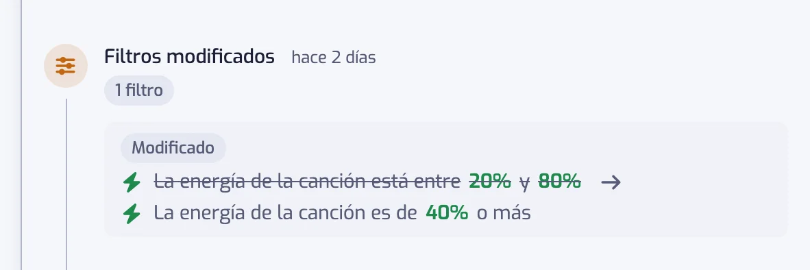 Una entrada Filtros modificados con un filtro de Energía editado, el rango anterior tachado y el nuevo después de una flecha