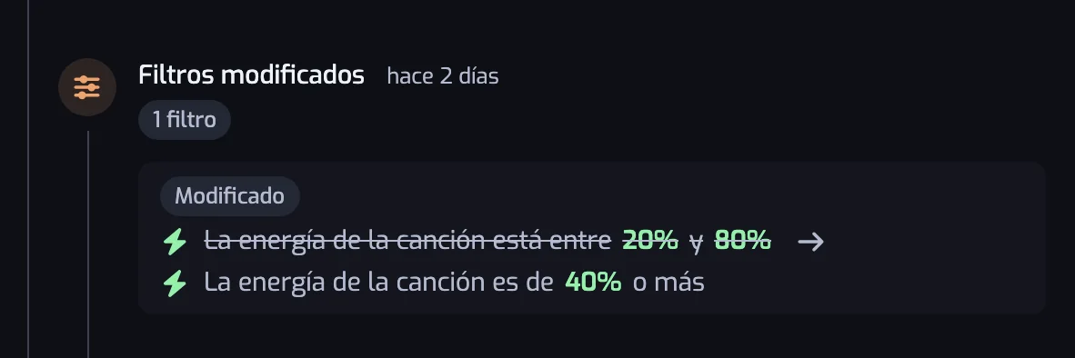 Una entrada Filtros modificados con un filtro de Energía editado, el rango anterior tachado y el nuevo después de una flecha