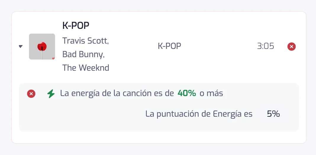 Una canción eliminada desplegada dentro de una entrada del historial, con el filtro de Energía que no superó y su propio valor de energía