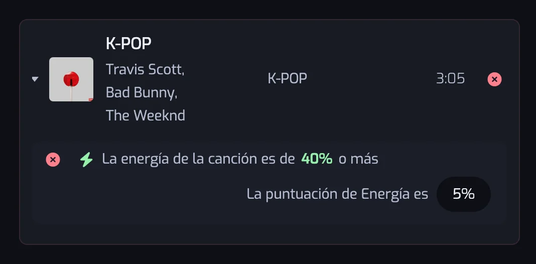 Una canción eliminada desplegada dentro de una entrada del historial, con el filtro de Energía que no superó y su propio valor de energía