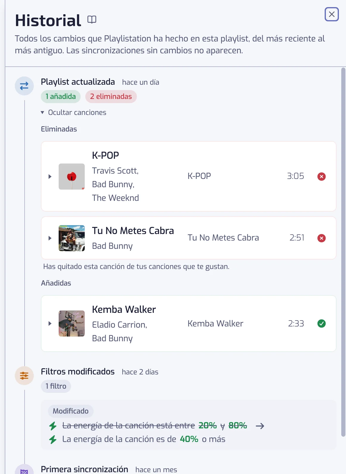 El panel del historial con varias entradas: una actualización con canciones añadidas y eliminadas, un cambio de filtros y la primera sincronización