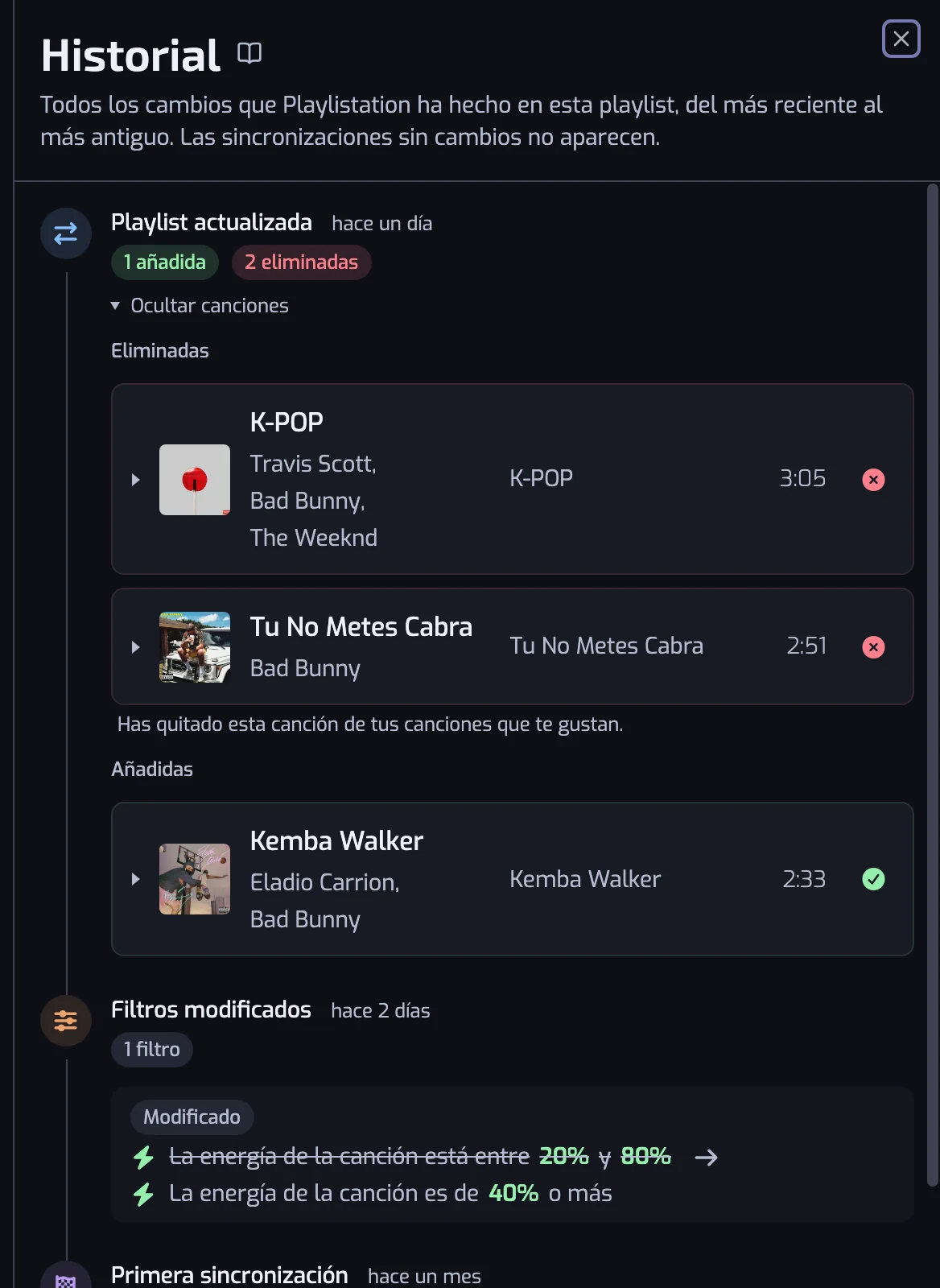 El panel del historial con varias entradas: una actualización con canciones añadidas y eliminadas, un cambio de filtros y la primera sincronización