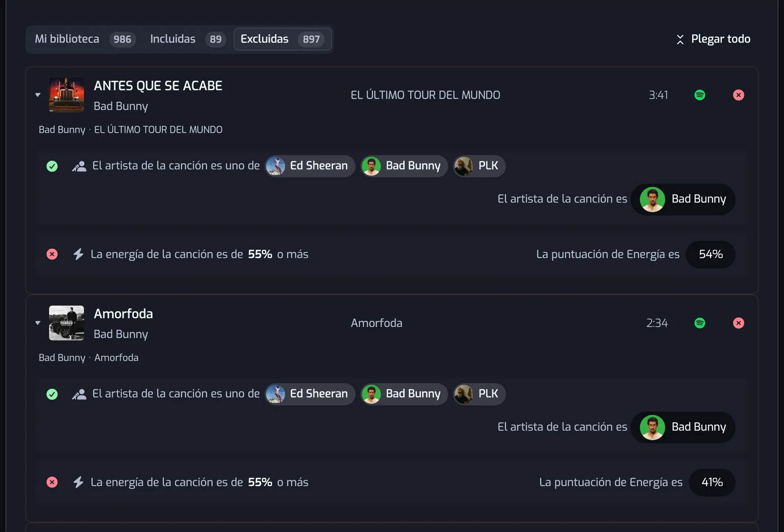 La pestaña Excluidas con Plegar todo activado: cada fila muestra sus filtros, una marca verde en el filtro de artista y una cruz roja en el filtro de energía, con la puntuación de Energía de la canción