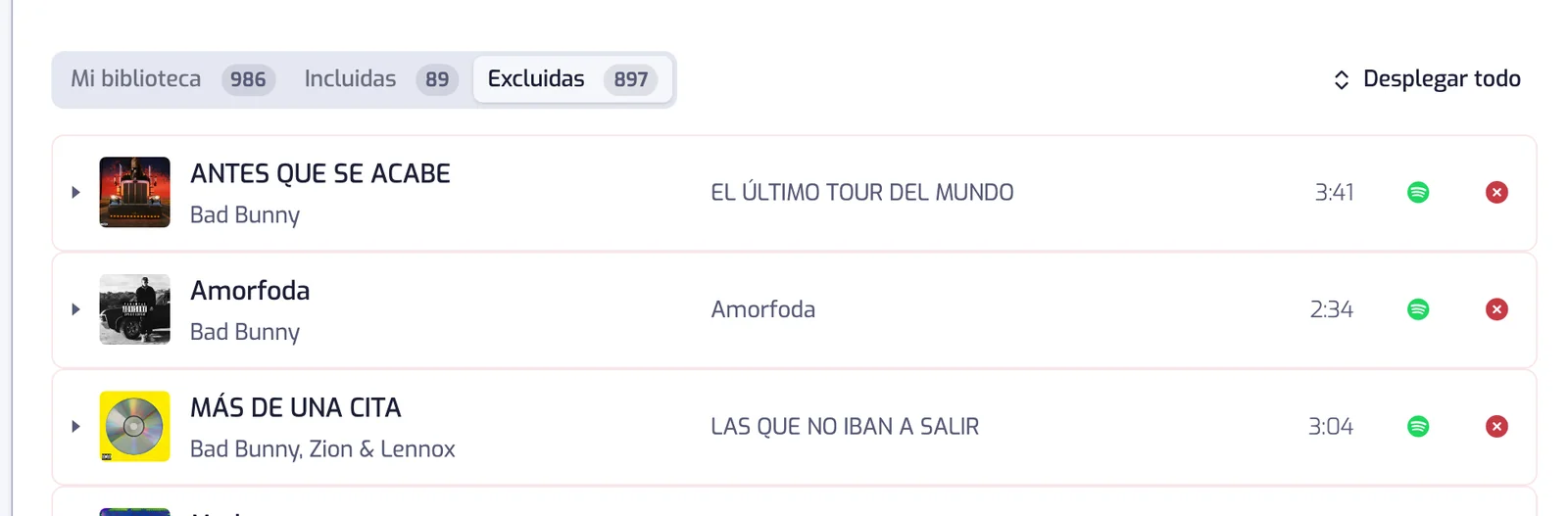 La pestaña Excluidas seleccionada: cada fila termina con una cruz roja