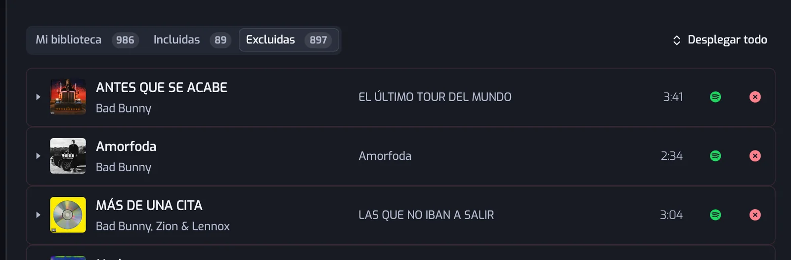 La pestaña Excluidas seleccionada: cada fila termina con una cruz roja