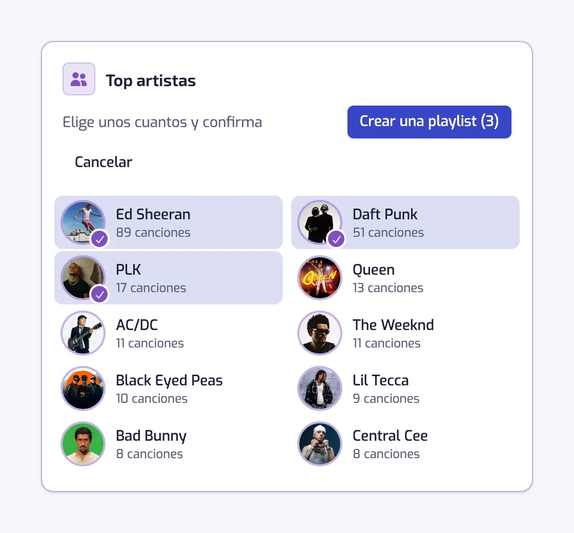 La tarjeta Top artistas de la página Stats en modo de selección, con tres artistas marcados y el botón Crear una playlist (3)