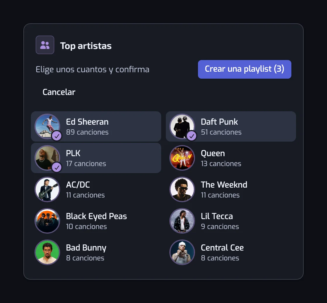La tarjeta Top artistas de la página Stats en modo de selección, con tres artistas marcados y el botón Crear una playlist (3)