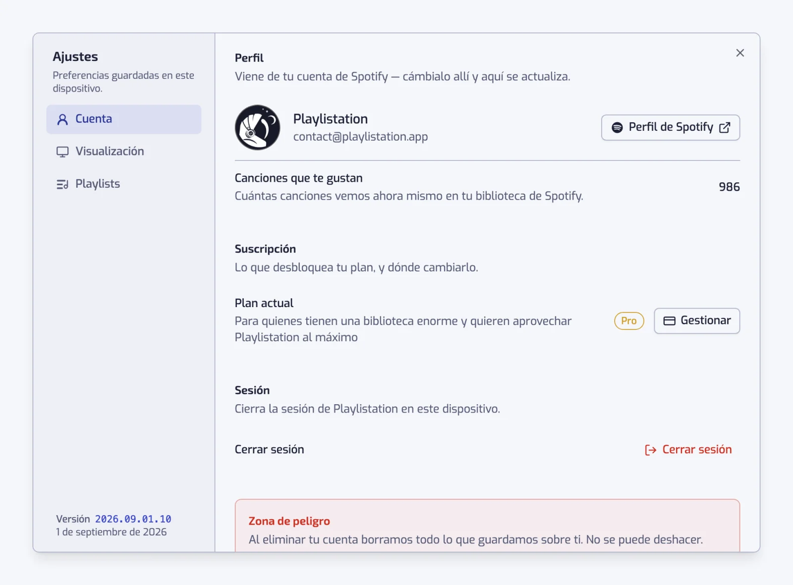 El diálogo de ajustes abierto en la sección Cuenta, con las secciones Cuenta, Visualización y Playlists listadas a la izquierda