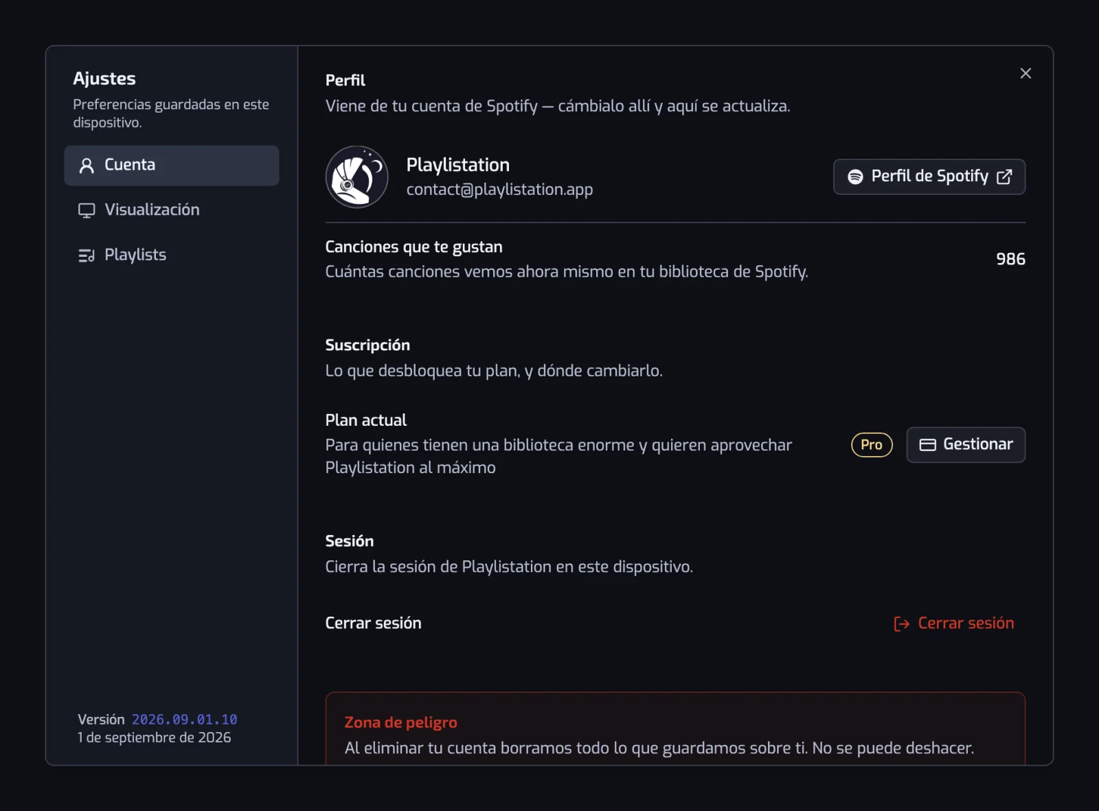 El diálogo de ajustes abierto en la sección Cuenta, con las secciones Cuenta, Visualización y Playlists listadas a la izquierda