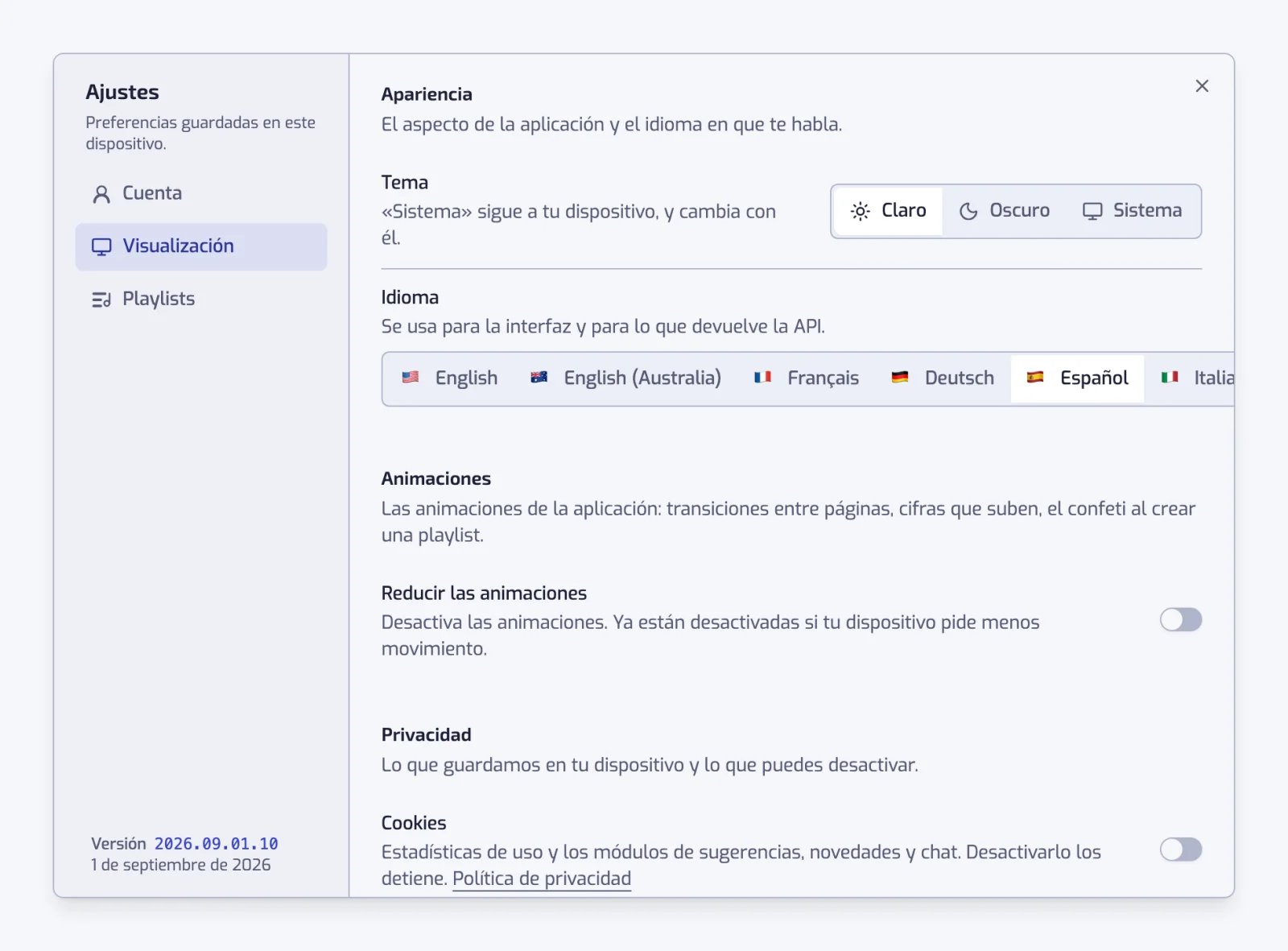 La sección Visualización con los controles segmentados Tema e Idioma, el interruptor Reducir las animaciones y el interruptor Cookies bajo Privacidad