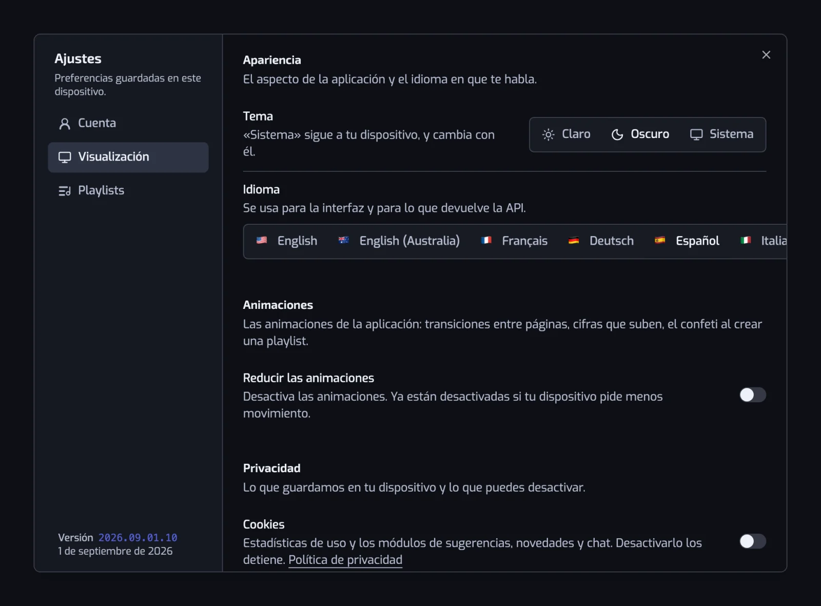 La sección Visualización con los controles segmentados Tema e Idioma, el interruptor Reducir las animaciones y el interruptor Cookies bajo Privacidad