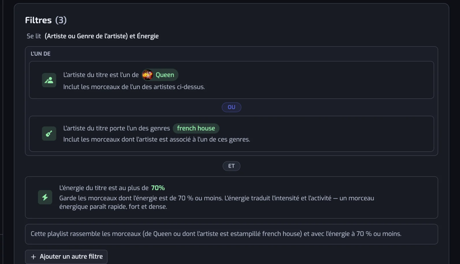 Une liste de filtres avec une pastille ET entre deux lignes et un cadre L'un de qui groupe deux filtres reliés par OU