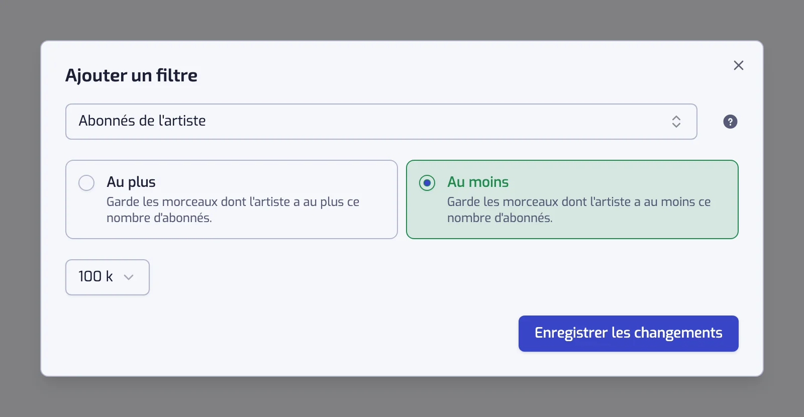 La boîte de dialogue Ajouter un filtre avec le champ de type de filtre, les cartes d'opérateur et le contrôle de valeur