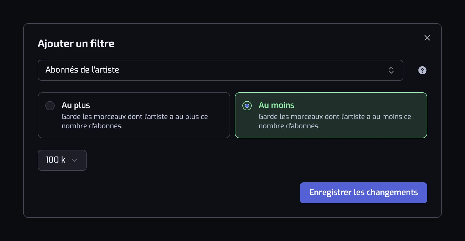La boîte de dialogue Ajouter un filtre avec le champ de type de filtre, les cartes d'opérateur et le contrôle de valeur