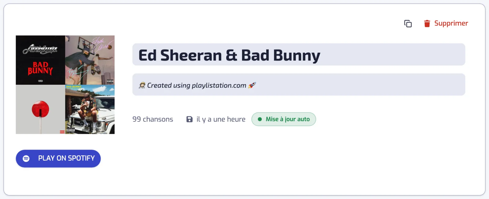 Une page de playlist : couverture, nom et description modifiables, nombre de titres, statut de synchronisation et le bouton PLAY ON SPOTIFY