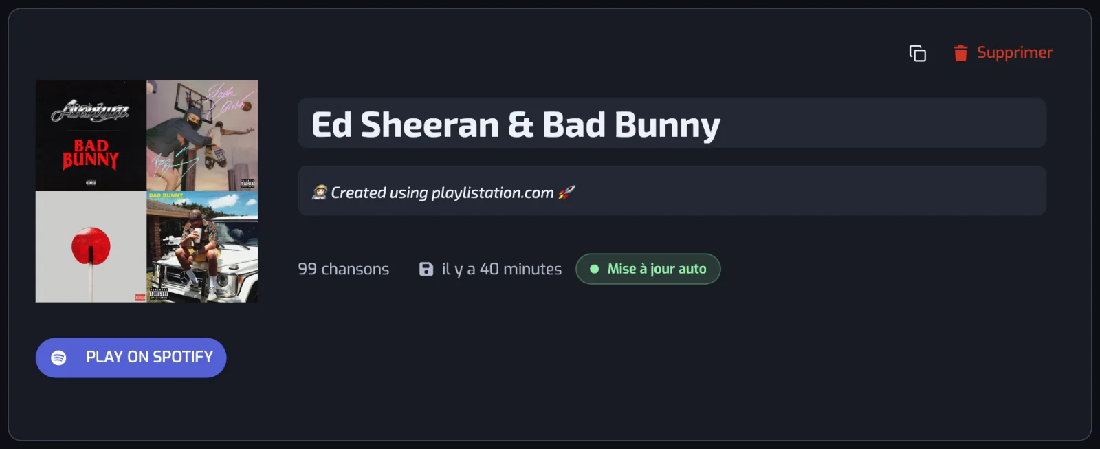 Une page de playlist : couverture, nom et description modifiables, nombre de titres, statut de synchronisation et le bouton PLAY ON SPOTIFY