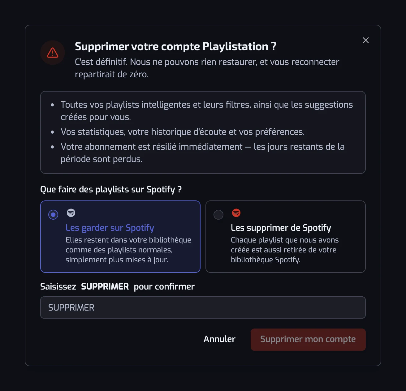La boîte de dialogue de suppression de compte avec les options Les garder sur Spotify et Les supprimer de Spotify et le champ de confirmation