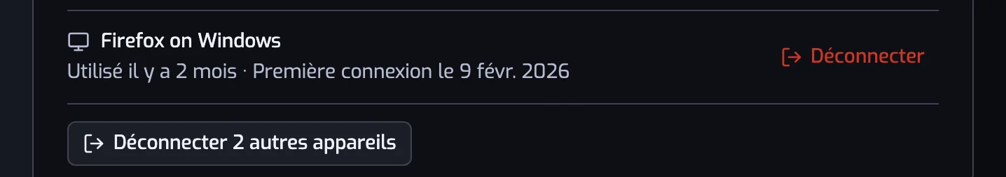 La liste Appareils avec le bouton Déconnecter sur la ligne d'un autre appareil et le bouton Déconnecter 1 autre appareil sous la liste