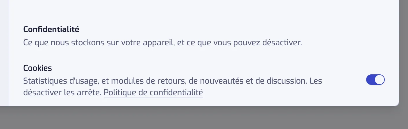 L'en-tête Confidentialité de la section Affichage des paramètres, avec l'interrupteur Cookies
