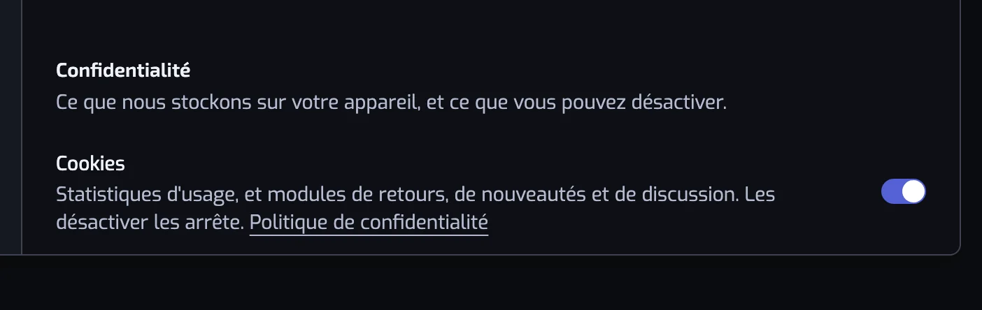 L'en-tête Confidentialité de la section Affichage des paramètres, avec l'interrupteur Cookies