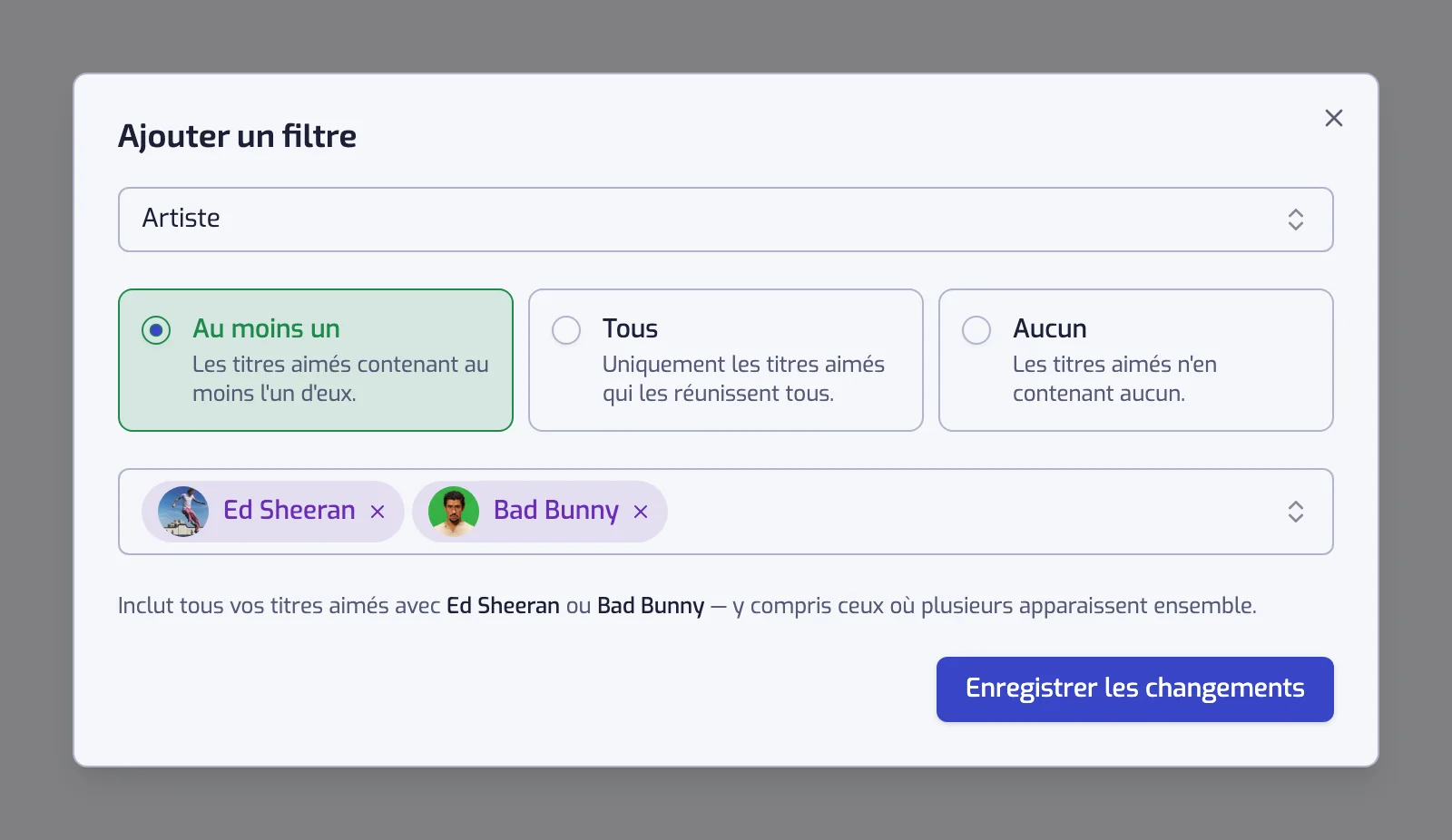 La boîte de dialogue du filtre Artiste avec les cartes Au moins un, Tous et Aucun et deux artistes sélectionnés