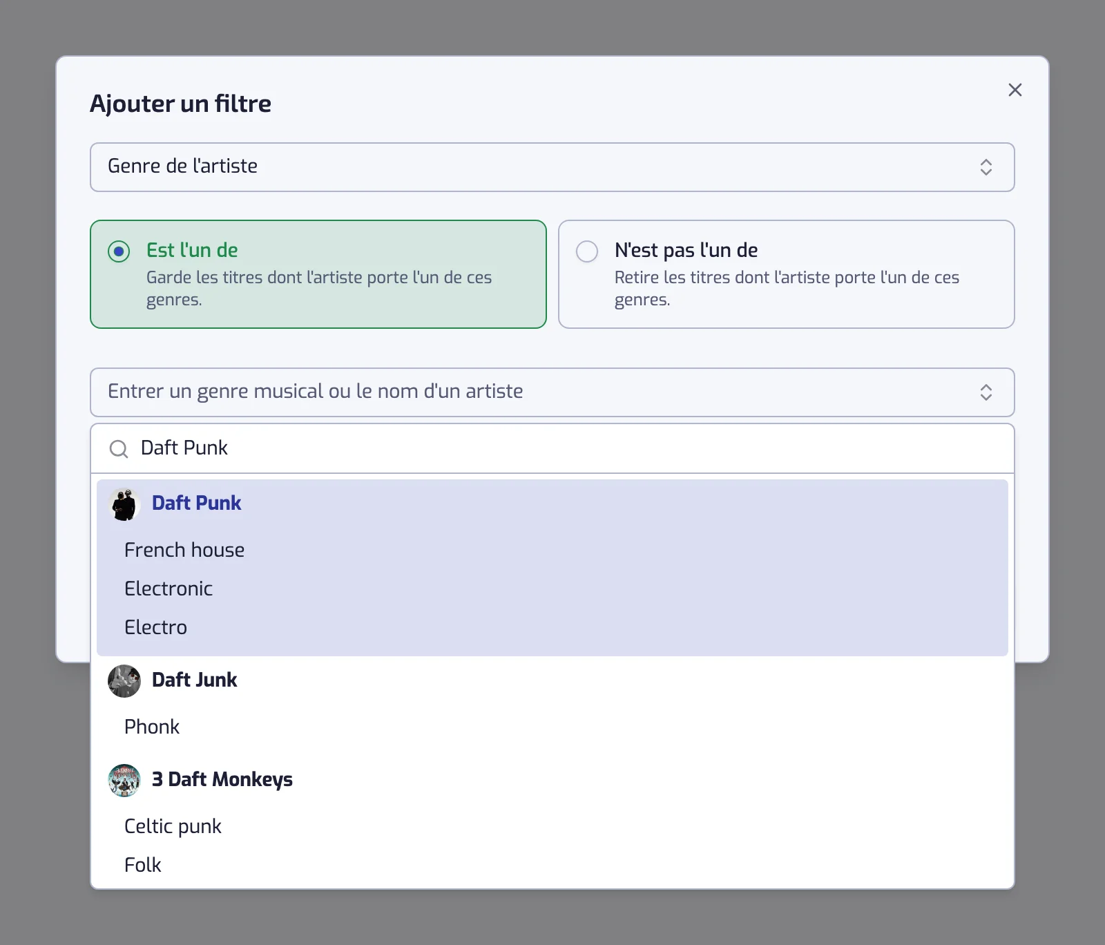 La boîte de dialogue du filtre Genre de l'artiste avec la carte Est l'un de sélectionnée et une recherche de genre montrant un artiste et ses genres